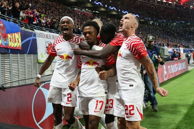 Goal celebration scorer Lois Openda RB Leipzig,17 scores to 1 1 with Mohamed Simakan RB Leipzig,2 and David Raum RB Leipzig,22 Champions League season 2023 2024 Group G RB Leipzig vs Manchester City at Red Bull Arena in Leipzig action,football,Germany,man,men,04 10 2023