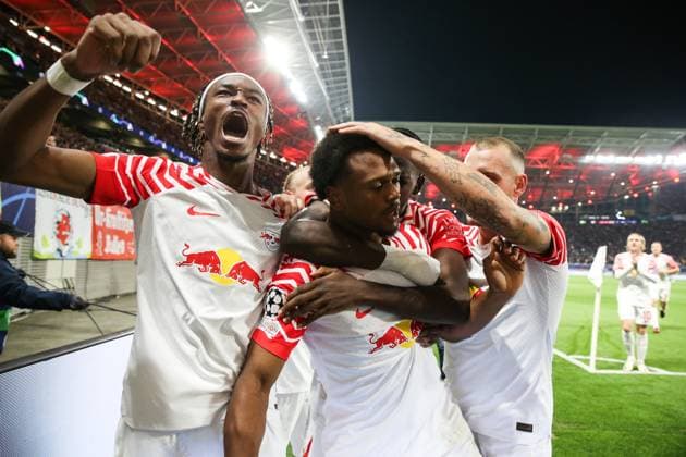 Goal celebration scorer Lois Openda RB Leipzig,17 scores to 1 1 with Mohamed Simakan RB Leipzig,2 and David Raum RB Leipzig,22 Champions League season 2023 2024 Group G RB Leipzig vs Manchester City at Red Bull Arena in Leipzig action,football,Germany,man,men,04 10 2023