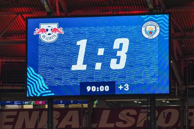 Football, men, 2023 2024 season, UEFA Champions League Group G, matchday 2 , RB Leipzig Manchester City, v l scoreboard with the final score 1 3, 04 10 2023, Copyright: xSebastianxRäppold MatthiasxKochx