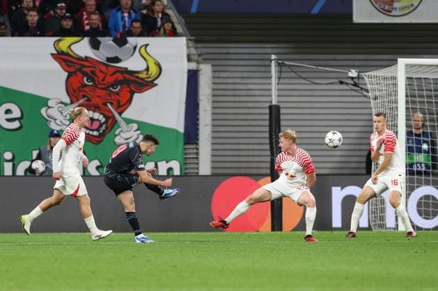 Goalscorer Julian Alvarez Manchester City,19 scores to 1 2 Champions League season 2023 2024 Group G RB Leipzig vs Manchester City at Red Bull Arena in Leipzig action,football,Germany,man,men,04 10 2023