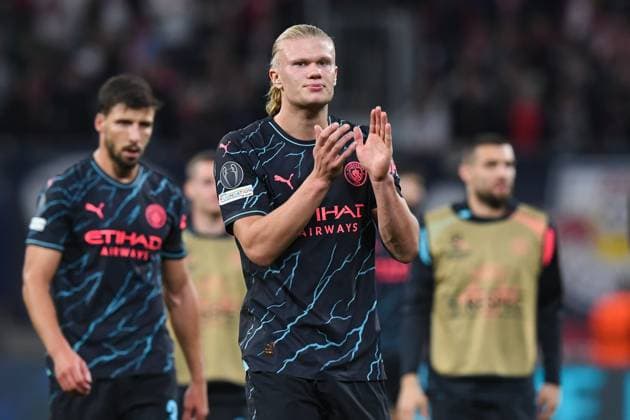 Football, men, 2023 2024 season, UEFA Champions League Group G, Matchday 2 , RB Leipzig Manchester City, v l Erling Haaland Manchester City gestures, gestures, 04 10 2023, Copyright: xSebastianxRäppold MatthiasxKochx
