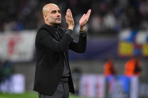 Football, men, 2023 2024 season, UEFA Champions League Group G, Matchday 2 , RB Leipzig Manchester City, v l coach Josep Pep Guardiola Manchester City gestures, gestures, 04 10 2023, Copyright: xSebastianxRäppold MatthiasxKochx