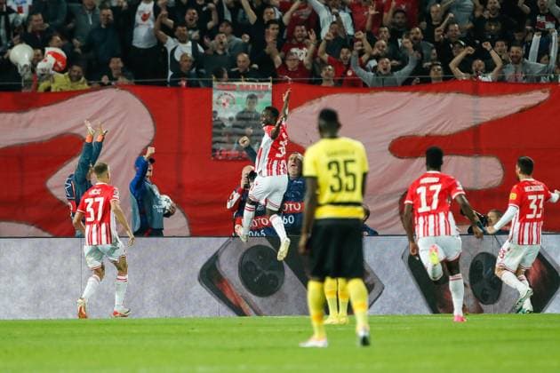 BELGRADE, SERBIA OCTOBER 4 Osman Bukari of Crvena zvezda C celebrates his goal during the UEFA Champions League Group Stage Group G match between FK Crvena zvezda and Young Boys at Stadion Rajko Mitic on October 4, 2023 in Belgrade, Serbia Belgrade Stadion Rajko Mitic Serbia Copyright: xJustPictures.ch NikolaxKrsticx jp-en-EuSpIm-_G8I9676 20231004