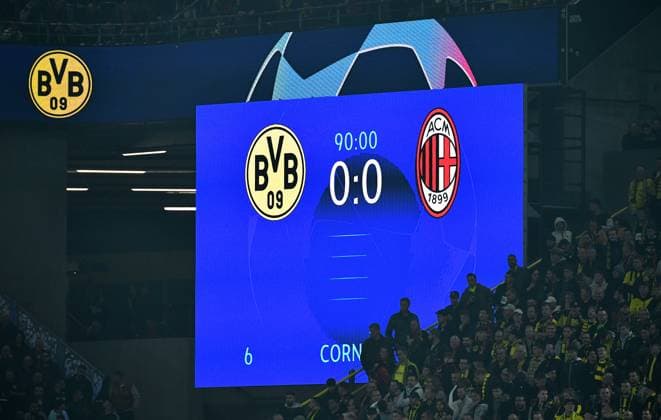 Football, Champions League, Germany, Men, Season 2023 2024, Matchday 2, Signal Iduna Park Dortmund Bor Dortmund AC Milan 0 0 Final score on scoreboard feature, icon, symbol image, single image UEFA REGULATES PROHIBIT ANY USE OF PHOTOGRAPHS AS IMAGE SEQUENCES AND OR QUASI VIDEO