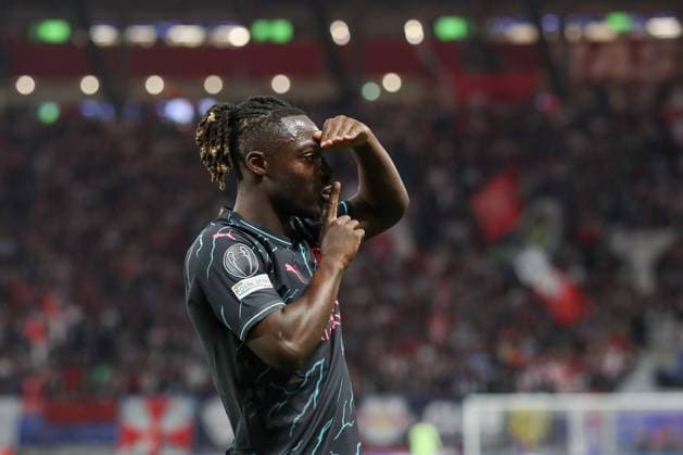 04 10 2023, xtgx, football UEFA Champions League, RB Leipzig Manchester City emspor, v l Jeremy Doku Manchester City, 11 jubilation, goal jubilation, cheers about the goal, celebrate the goal, celebration DFL DFB REGULATIONS PROHIBIT ANY USE OF PHOTOGRAPHS AS IMAGE SEQUENCES AND OR QUASI VIDEO Leipzig