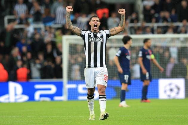 Newcastle United gegen Paris Saint Germain 04. Oktober 2023, Newcastle upon Tyne UEFA Champions™s League Fußball Gruppe F Newcastle United gegen Paris Saint Germain Bruno Guimaraes von Newcastle United jubelt Foto von Daniel Chesterton Newcastle upon Tyne UK  Copyright: xDanielxChestertonxOffside