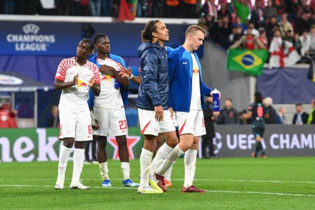 Football, Men, 2023 2024 season, UEFA Champions League Group G, Matchday 2 , RB Leipzig Manchester City, v l Amadou Haidara RB Leipzig , Castello Lukeba RB Leipzig , Yussuf Poulsen RB Leipzig and Lukas Klostermann RB Leipzig , 04 10 2023, Copyright: xSebastianxRäppold MatthiasxKochx