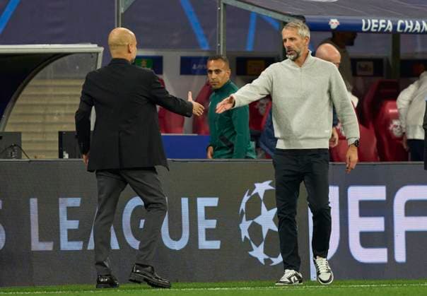 Pep GUARDIOLA , MANCITY Trainer Marco Rose, RB Leipzig team manager, coach, Trainer, hand shake after the group G stage match RB LEIPZIG - MANCHESTER CITY of football UEFA Champions League in season 2023 2024 in Leipzig, Oct 4, 2023. Gruppenphase, , RBL, Red Bull