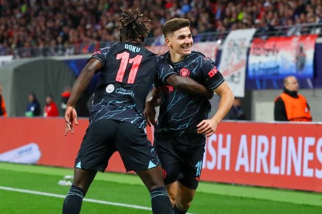 RB Leipzig Manchester City Champions League Leipzig, 04 10 2023, Red Bull Arena, football, men, season 2023 2024, UEFA Champions League, group stage, matchday 2 , RB Leipzig Manchester City 1 3 0 1 , In the picture goal for Manchester, goal celebration after the 1 2, goal scorer Julian Alvarez 19, Manchester ,