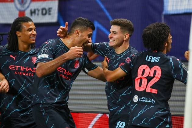 RB Leipzig Manchester City Champions League Leipzig, 04 10 2023, Red Bull Arena, football, men, season 2023 2024, UEFA Champions League, group stage, matchday 2 , RB Leipzig Manchester City 1 3 0 1 , In the picture goal for Manchester, goal celebration after the 1 2, goal scorer Julian Alvarez 19, Manchester ,