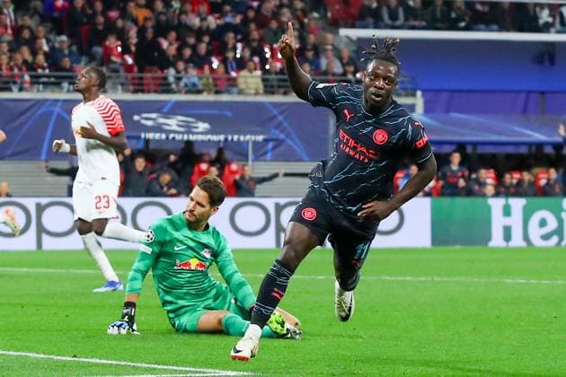 RB Leipzig Manchester City Champions League Leipzig, 04 10 2023, Red Bull Arena, football, men, season 2023 2024, UEFA Champions League, group stage, matchday 2 , RB Leipzig Manchester City 1 3 0 1 , In the picture goal for Manchester, goal celebration after the 1 3, goal scorer Jeremy Doku 11, Manchester ,