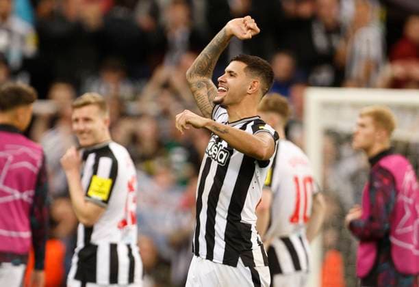 Newcastle United FC v Paris Saint-Germain: Group F - UEFA Champions League 2023 24 Bruno Guimaraes of Newcastle United celebrates after the UEFA Champions League match between Newcastle United and Paris Saint-Germain at St. James Park on October 4, 2023 in Newcastle Upon Tyne, England. Newcastle St. James Park England United Kingdom Copyright: xRichardxSellers Sportsphoto APLx 13956154