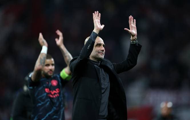 04 10 2023, Football UEFA Champions League 2023 2024, Group stage, Matchday 2, RB Leipzig Manchester City, at Red Bull Arena Leipzig final cheer coach Pep Guardiola Manchester City DFL and DFB regulations prohibit any use of photographs as image sequences and or quasi video
