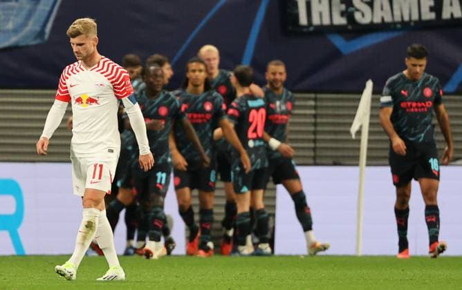 GER, UEFA Champions League, RB Leipzig vs Manchester City 04 10 2023, Leipzig, Red Bull Arena, GER, season 2023 2024, UEFA Champions League, Group G, RasenBallsport Leipzig vs Manchester City in picture Timo Werner Leipzig disappointed after goal to 1 2 by Julian Alvarez Manchester DFL regulations prohibit any use of photographs as image sequences and or quasi video