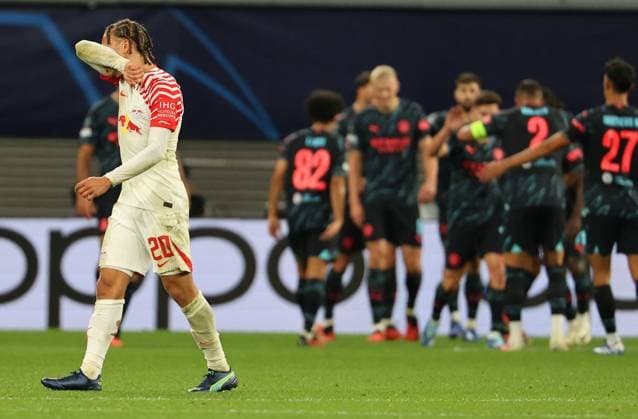 GER, UEFA Champions League, RB Leipzig vs Manchester City 04 10 2023, Leipzig, Red Bull Arena, GER, season 2023 2024, UEFA Champions League, Group G, RasenBallsport Leipzig vs Manchester City in picture Xavi Simons Leipzig disappointed after goal to 1 3 by Jeremy Doku Manchester DFL regulations prohibit any use of photographs as image sequences and or quasi video