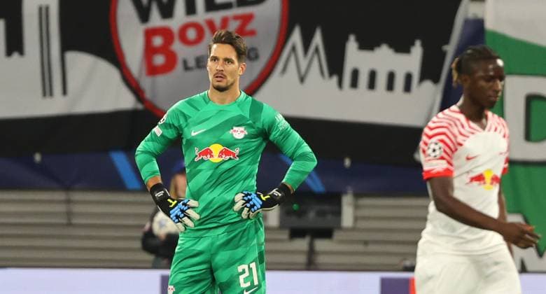 GER, UEFA Champions League, RB Leipzig vs Manchester City 04 10 2023, Leipzig, Red Bull Arena, GER, Season 2023 2024, UEFA Champions League, Group G, RasenBallsport Leipzig vs Manchester City in picture Goalkeeper Janis Blaswich Leipzig disappointed DFL regulations prohibit any use of photographs as image sequences and or quasi video