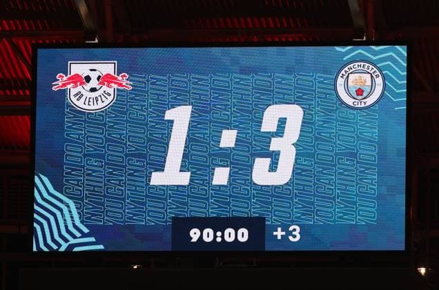 GER, UEFA Champions League, RB Leipzig vs Manchester City 04 10 2023, Leipzig, Red Bull Arena, GER, season 2023 2024, UEFA Champions League, Group G, RasenBallsport Leipzig vs Manchester City in picture scoreboard, final score 1 3 DFL regulations prohibit any use of photographs as image sequences and or quasi video
