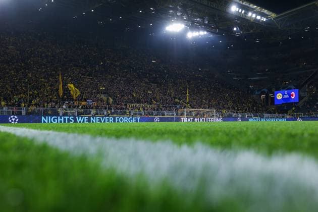 04 10 2023, football, season 2023 2024, UEFA Champions League, group stage, Borussia Dortmund AC Milan, view of the south stand, on the LED band is the slogan of UEFA Nights we never forget, that öUCL Feeling, Dortmund Signal Iduna Park NRW Germany xRHR PHOTO DEx Copyright: DennisxEwert RHR-FOTOx RHR-FOTO DE