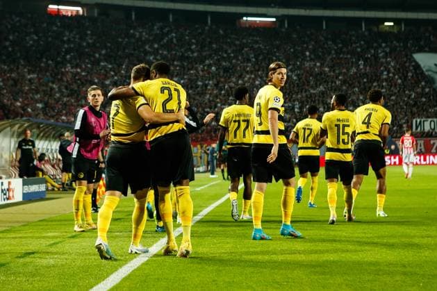 BELGRADE, SERBIA OCTOBER 4 Filip Ugrinic of Young Boys L celebrates his goal with team during the UEFA Champions League Group Stage Group G match between FK Crvena zvezda and Young Boys at Stadion Rajko Mitic on October 4, 2023 in Belgrade, Serbia Belgrade Stadion Rajko Mitic Serbia Copyright: xJustPictures.ch NikolaxKrsticx jp-en-EuSpIm-_O9R9402 20231004