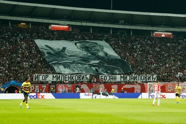 BELGRADE, SERBIA OCTOBER 4 Fans of Crvena zvezda fan art for Igor Milenkovic and Bojan Mijailovic during the UEFA Champions League Group Stage Group G match between FK Crvena zvezda and Young Boys at Stadion Rajko Mitic on October 4, 2023 in Belgrade, Serbia Belgrade Stadion Rajko Mitic Serbia Copyright: xJustPictures.ch NikolaxKrsticx jp-en-EuSpIm-_O9R9348 20231004