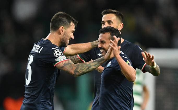 Celtic FC v SS Lazio: Group E - UEFA Champions League 2023 24 Matias Vecino, Alessio Romagnoli and Pedro Rodríguez of SS Lazio celebrates 2nd goal during the UEFA Champions League match between Celtic FC and SS Lazio at Celtic Park Stadium on October 04, 2023 in Glasgow, Scotland. Glasgow Celtic Park Stadium Glasgow Scotland Copyright: xGreigxCowie Sportsphoto APLx 13956170