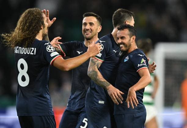 Celtic FC v SS Lazio: Group E - UEFA Champions League 2023 24 Matteo Guendouzi, Matias Vecino, Alessio Romagnoli and Pedro Rodríguez of SS Lazio celebrates 2nd goal during the UEFA Champions League match between Celtic FC and SS Lazio at Celtic Park Stadium on October 04, 2023 in Glasgow, Scotland. Glasgow Celtic Park Stadium Glasgow Scotland Copyright: xGreigxCowie Sportsphoto APLx 13956173