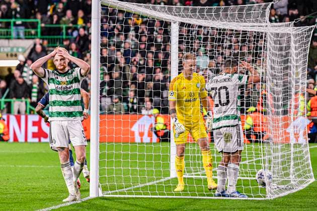 Celtic v Lazio UEFA Champions League Liam Scales and Joe Hart of Celtic react to Pedro of Lazio?s goal during the UEFA Champions League Group E match at Celtic Park, Glasgow Copyright: xJamiexJohnstonx FIL-19061-0051 UK Newspapers OUT