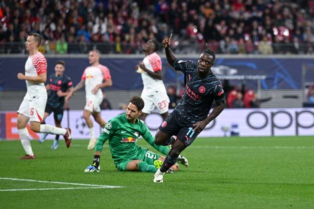 04 10 2023, football, champions league, matchday 2, season 2023 2024, RB Leipzig Manchester City, Jeremy Doku Manchester City rejoice goal to make it 3 1 for City xRHR PHOTO TKx Copyright: RHR-FOTOx RHR-FOTO TK