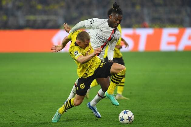 DORTMUND, GERMANY - 04.10.23: Julian Ryerson, Rafael Leao, The match of match UEFA Champion League Borussia Dortmund vs AC Milan at SIGNAL IDUNA PARK  Copyright: xVITALIIxKLIUIEVx