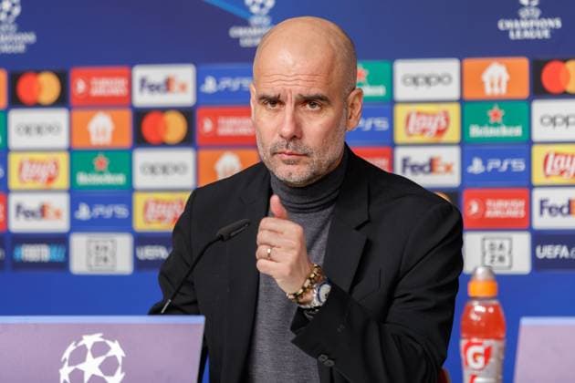 Josep Pep Guardiola Sala Manchester City, head coach, head coach at press conference portrait, single image, 04 10 2023, Leipzig Germany , soccer, men, UEFA Champions League, RB Leipzig Manchester City FC xprx