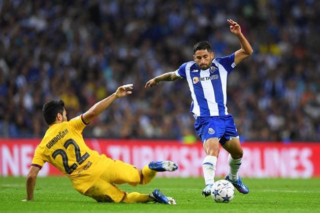 4th October 2023: Dragao Stadium, Porto, Portugal; Champions League Football, Porto versus FC Barcelona, Barca Alan Varela of Porto challenges Ilkay Gundogan of Barcelona  ActionPlus12561556 DanielxCastro