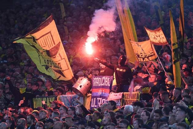 Soccer Champions group stage 2 match day Borussia Dortmund AC Milan on 04 10 2023 at Signal Iduna Park in Dortmund Dortmund Dortmund fans ignite Bengalos pyro pyrotechnics flares smoke bombs in the fan block xRx