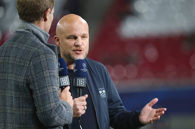 GER, UEFA Champions League, RB Leipzig vs Manchester City 04 10 2023, Leipzig, Red Bull Arena, GER, season 2023 2024, UEFA Champions League, Group G, RasenBallsport Leipzig vs Manchester City in picture Sport director Rouven Schroeder Leipzig in DAZN interview DFL regulations prohibit any use of photographs as image sequences and or quasi video
