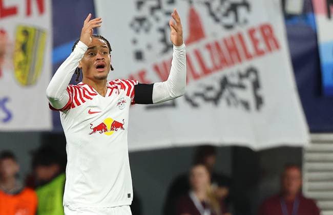 GER, UEFA Champions League, RB Leipzig vs Manchester City 04 10 2023, Leipzig, Red Bull Arena, GER, season 2023 2024, UEFA Champions League, Group G, RasenBallsport Leipzig vs Manchester City in picture Xavi Simons Leipzig disappointed DFL regulations prohibit any use of photographs as image sequences and or quasi video