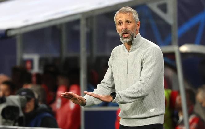 GER, UEFA Champions League, RB Leipzig vs Manchester City 04 10 2023, Leipzig, Red Bull Arena, GER, season 2023 2024, UEFA Champions League, Group G, RasenBallsport Leipzig vs Manchester City in picture coach Marco Rose Leipzig DFL regulations prohibit any use of photographs as image sequences and or quasi video