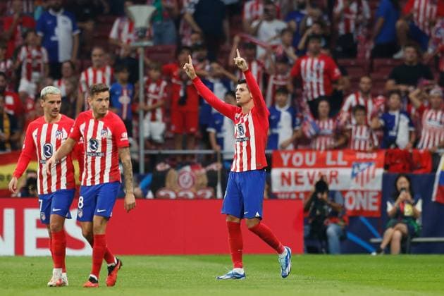 Alvaro Morata (Atletico), OCTOBER 4, 2023 - Football Soccer : Morata celebrate after his goal during UEFA Champions League group stage Matchday 2 Group E match between Club Atletico de Madrid 3-2 Feyenoord at the Estadio Metropolitano in Madrid, Spain. Noxthirdxpartyxsales  (231564921)