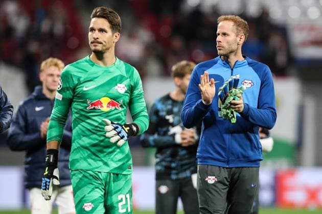 Goalkeeper Janis Blaswich RB Leipzig,21 and goalkeeper Peter Gulacsi RB Leipzig,1 Champions League season 2023 2024 Group G RB Leipzig vs Manchester City at Red Bull Arena in Leipzig action,football,Germany,man,men,04 10 2023