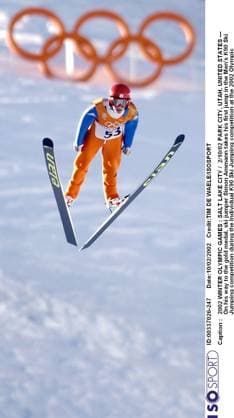 2002 WINTER Olympic Games, Olympische Spiele, Olympia, OS : 2002 WINTER OLYMPIC GAMES : SALT LAKE CITY 2 10 02 PARK CITY, UTAH, UNITED STATES --- On his way to the gold medal, ski jumper Simon Ammann takes his first jump in the Men s K90 Ski jumping, Skispringen, Ski, nordisch competition during the Individual K90 Ski Jumping competition at the 2002 Olympic Winter games, Winterspiele,Spiele, Summer games --- Photo by Trent Nelson Salt Lake Tribune Corbis Sygma JEUX OLYMPIQUES D HIVER OLYMPISCHE SPELEN www.iso be Ogden United States ETATS UNIS VERENIGDE STATEN  Copyright: xTIMxDExWAELEx 54808