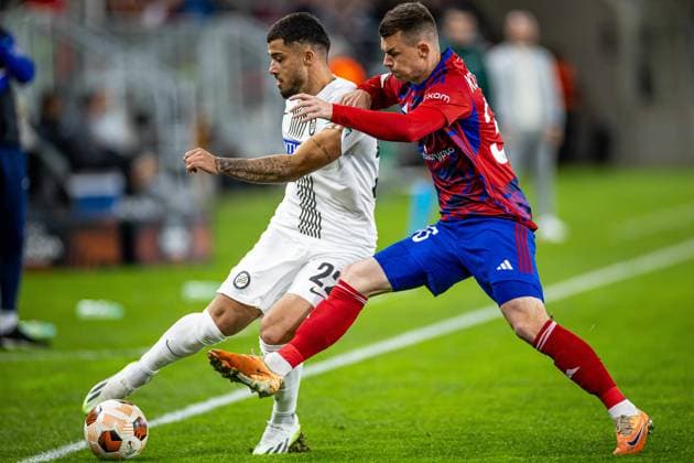 05.10.2023 SOSNOWIEC, ArcelorMittal Park, Zaglebiowski park sportowy, PILKA NOZNA (FOOTBALL), LIGA EUROPY UEFA, UEFA EUROPA LEAGUE , MECZ RAKOW CZESTOCHOWA - STURM GRAZ NZ JUSUF GAZIBEGOVIC VLADYSLAV KOCHERGIN FOTO LUKASZ SKWIOT CYFRASPORT NEWSPIX.PL --- Newspix.pl  20231005CSLS019
