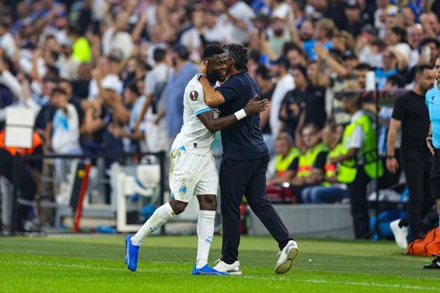 Olympique de Marseille v Brighton and Hove Albion Europa League 05 10 2023. Goal 1-0 Chancel Mbemba of Marseille scores a goal and celebrates with Gennaro Gattusu Manager of Marseille during the Europa League match between Olympique de Marseille and Brighton and Hove Albion at Orange Velodrome, Marseille, France on 5 October 2023. Editorial use only , Copyright: xNigelxKeenex PSI-18165-0025