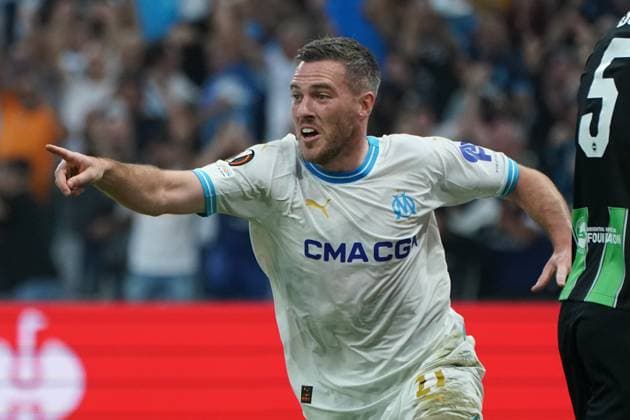 Joie - Jordan Veretout (Olympique de Marseille) FOOTBALL : Olympique de Marseille vs Brighton - Europa League - Phase de groupe - Marseille - 05 10 2023 NorbertScanella Panoramic 
