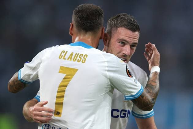 Marseille, France, 5th October 2023. Jordan Veretout of Olympique de Marseille celebrates with team mate Jonathan Clauss after scoring to give the side a 2-0 lead during the UEFA Europa League match at the Stade de Marseille, Marseille. Picture credit should read: Jonathan Moscrop Sportimage EDITORIAL USE ONLY. No use with unauthorised audio, video, data, fixture lists, club league logos or live services. Online in-match use limited to 120 images, no video emulation. No use in betting, games or single club league player publications. SPI-2618-0003