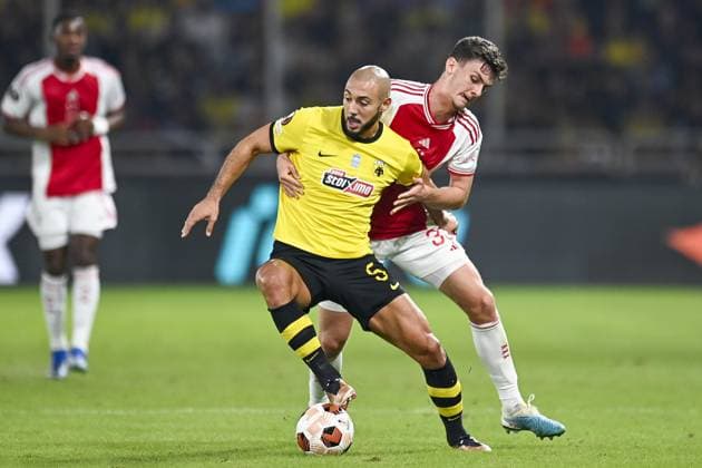 ATHENS, 05-10-2023, OPAP Arena, Europa League Football, season 2023 2024, AEK Athens FC - Ajax, AEK Athens player Nordin Amrabat and Ajax player Benjamin Tahirovic AEK Athens - Ajax  x22637462x Copyright: