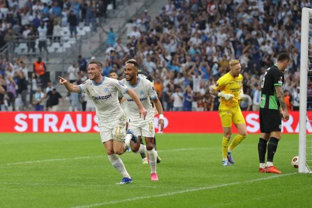 Marseille, France, 5th October 2023. Jordan Veretout of Olympique de Marseille celebrates with team mates after scoring to give the side a 2-0 lead during the UEFA Europa League match at the Stade de Marseille, Marseille. Picture credit should read: Jonathan Moscrop Sportimage EDITORIAL USE ONLY. No use with unauthorised audio, video, data, fixture lists, club league logos or live services. Online in-match use limited to 120 images, no video emulation. No use in betting, games or single club league player publications. SPI-2618-0011