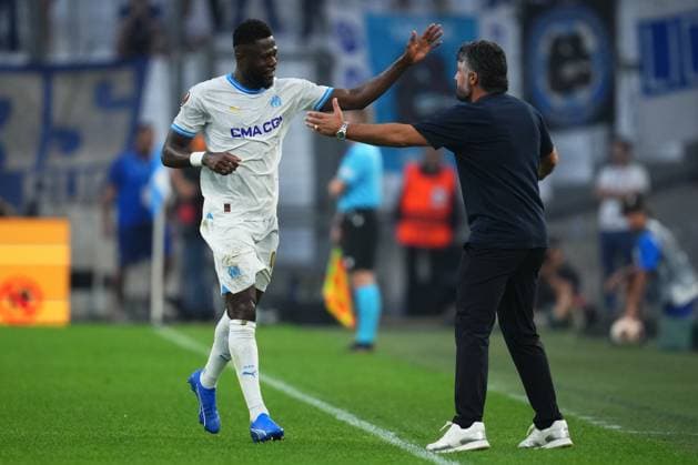 FRA: Olympique Marseille v Brighton Hove Albion. UEFA Europa league. Group B. Date 2 Chancel Mbemba of Olympique Marseille celebrates with the head coach Gennaro Gattuso after scoring the opening goal during the UEFA Europa League match between Olympique Marseille and of Brighton Hove Albion, Group B, date 2, played at Stade Velodrome on October 5, 2023 in Marseille, France. Copyright: xBaguxBlancox xPRESSINPHOTOx PS_231005_513
