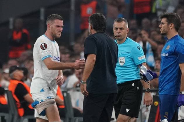 Blessure - Jordan Veretout (Olympique de Marseille) - Gennaro Gattuso (Entraineur de l Olympique de Marseille) FOOTBALL : Olympique de Marseille vs Brighton - Europa League - Phase de groupe - Marseille - 05 10 2023 NorbertScanella Panoramic 