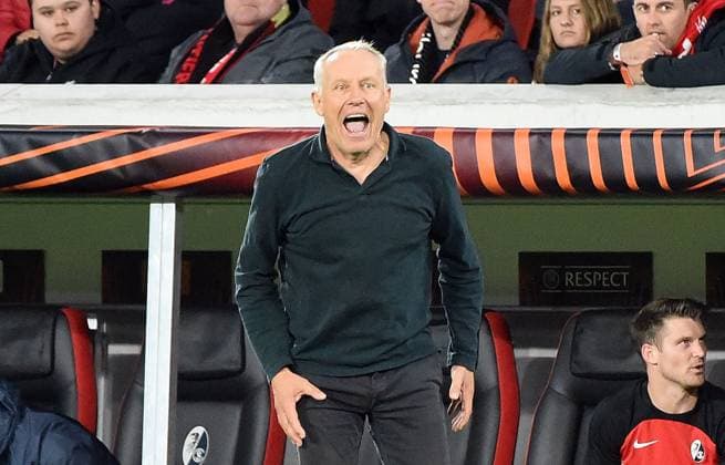 05 10 2023, xhbx, football UEFA Europa League, SC Freiburg West Ham United emspor, v l coach Christian Streich SC Freiburg DFL DFB REGULATIONS PROHIBIT ANY USE OF PHOTOGRAPHS as IMAGE SEQUENCES and or QUASI VIDEO Freiburg