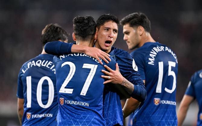 FOOTBALL EUROPE LEAGUE SEASON 2023 2024 Preliminary Round Group A 2 Matchday SC Freiburg West Ham United 05 10 2023 JOY after the goal to 1 2, by the goal scorer Nayef Aguerd li with Edson Alvarez r, West Ham United