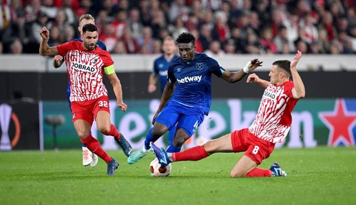 FOOTBALL EUROPE LEAGUE SEASON 2023 2024 Preliminary Round Group A 2 Matchday SC Freiburg West Ham United 05 10 2023 Vincenzo Grifo left, SC Freiburg vs Mohammed Kudus center, West Ham United vs Maximilian Eggestein right, SC Freiburg