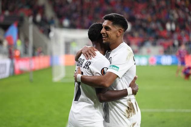 SOCCER - UEFA EL, Czestochowa vs Sturm SOSNOWIEC,POLAND,05.OCT.23 - SOCCER - UEFA Europa League, group stage, Rakow Czestochowa vs SK Sturm Graz. Image shows the rejoicing of Bryan Teixeira and Manprit Sarkaria (Sturm).  GEPAxpictures xChrisxBauer